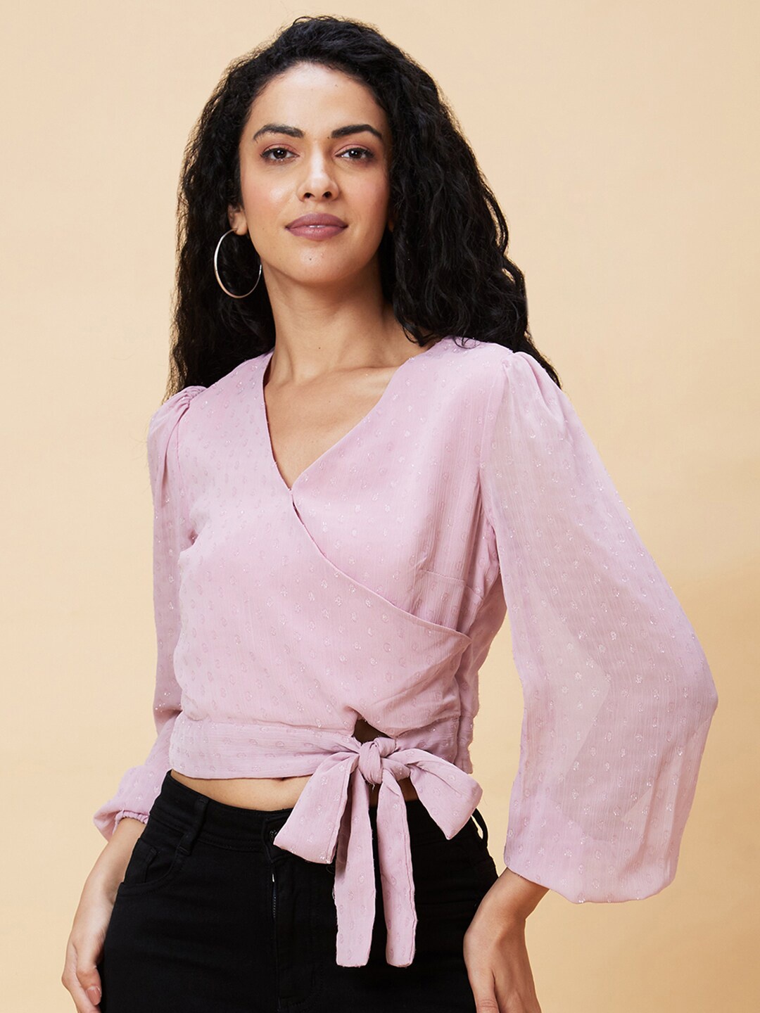 

Globus Pink Self Design V-Neck Puff Sleeves Waist Tie-Up Crop Top