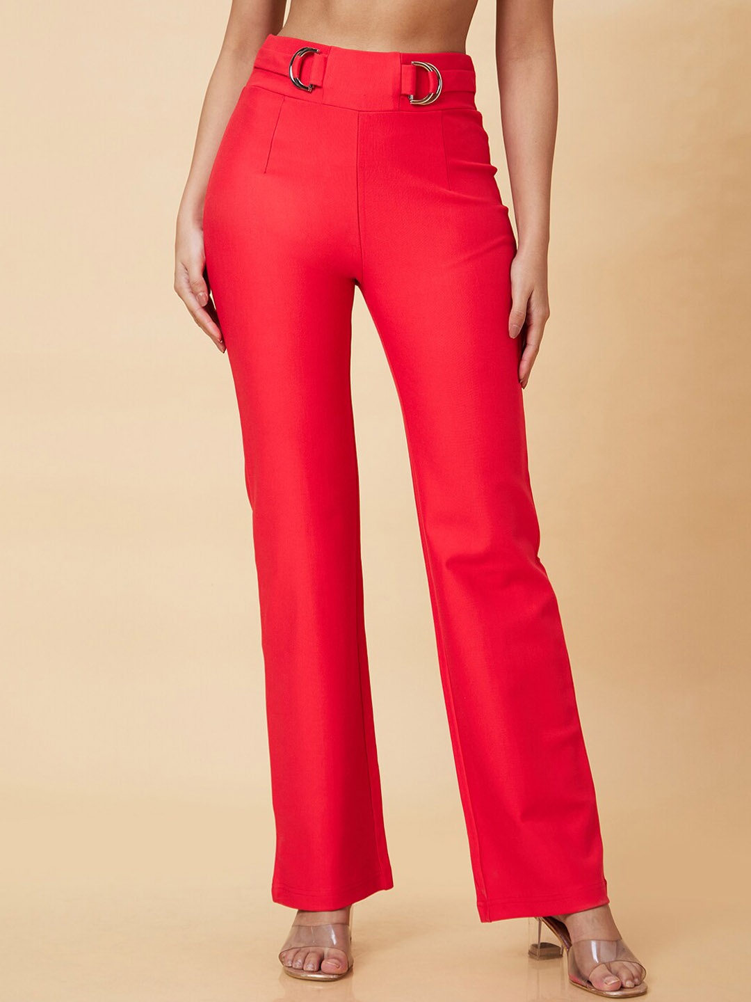 

Globus Women Red Straight Fit High-Rise Cotton Trousers