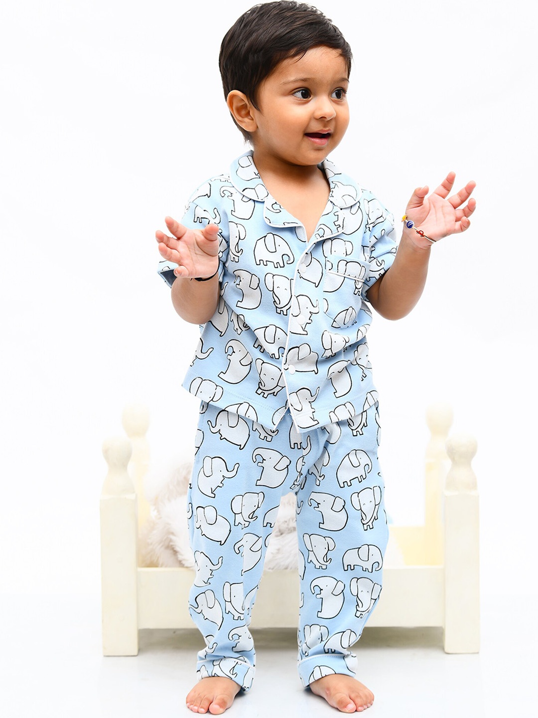 

Little Carrot Unisex Kids Conversational Printed Lapel Collar Pure Cotton Shirt & Pyjama, Blue