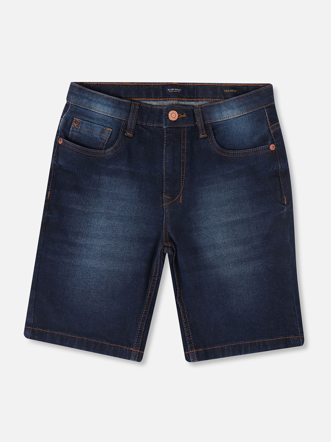 Allen Solly Junior Boys Washed Mid Rise Cotton Denim Shorts, Navy blue