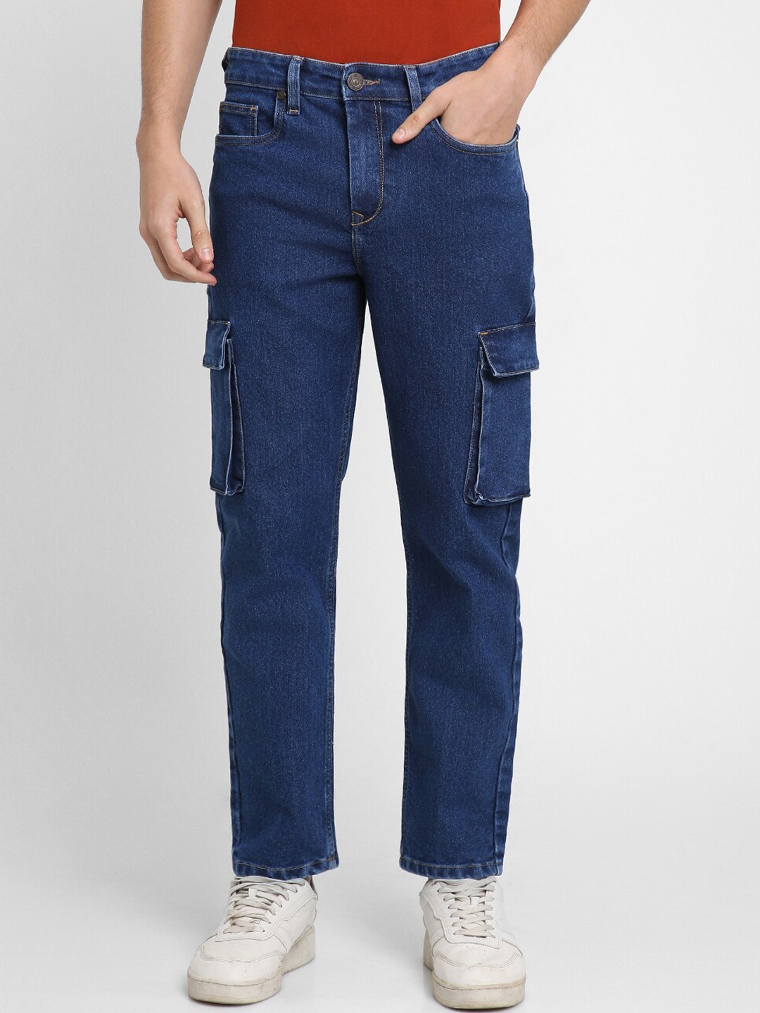

Dennis Lingo Men Relaxed Fit Mid-Rise Clean Look Stretchable Denim Cargo, Blue