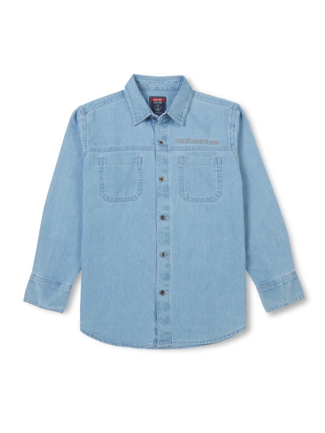 

Palm Tree Boys Spread Collar Opaque Denim Casual Shirt, Blue