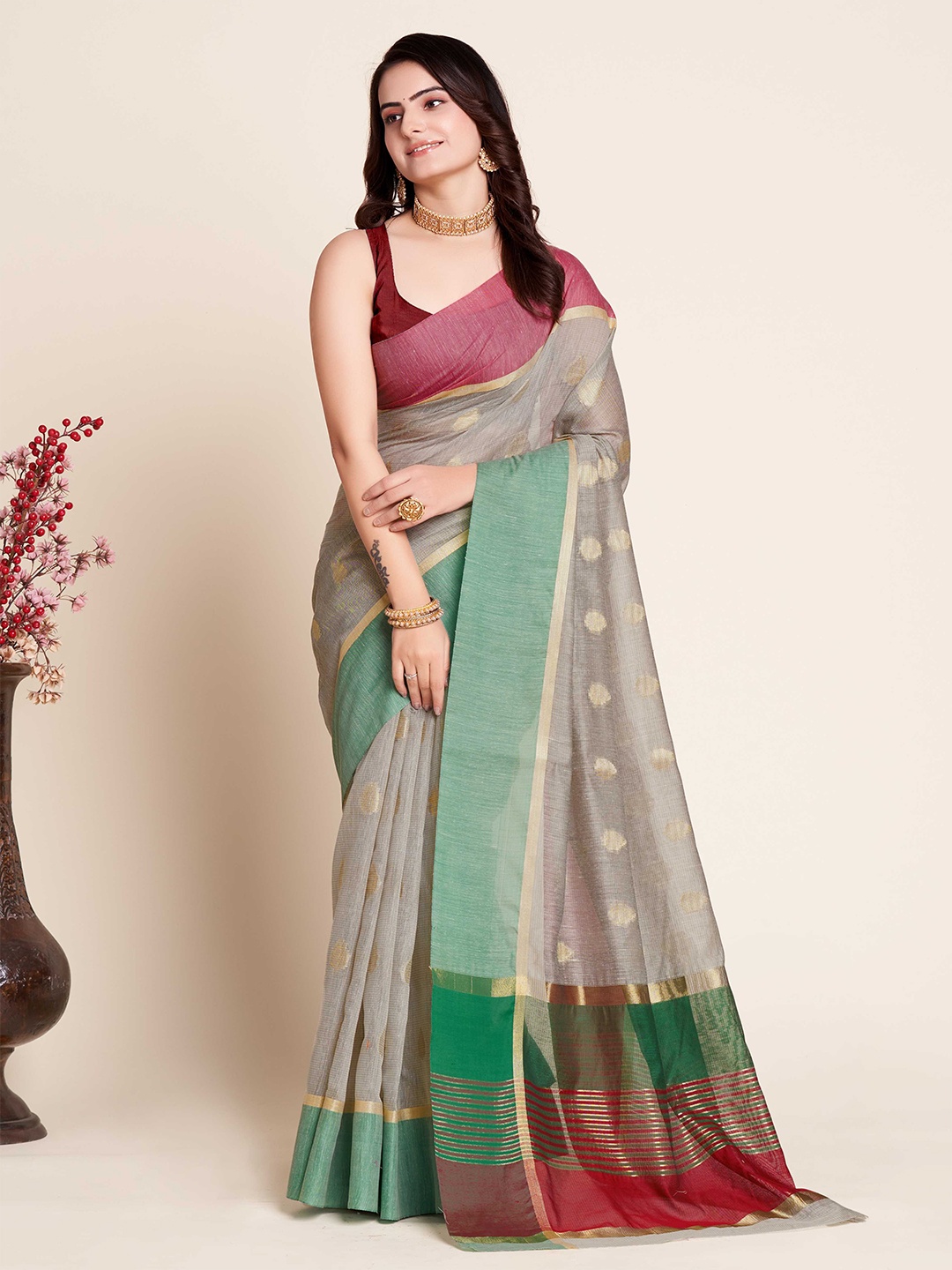 

Mitera Ethnic Motifs Woven Design Zari Silk Blend Saree, Grey