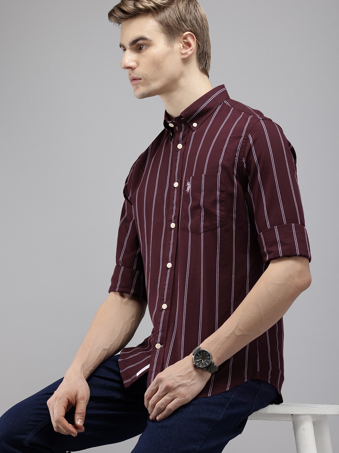 

U.S. Polo Assn. Pure Cotton Tailored Fit Striped Casual Shirt, Maroon