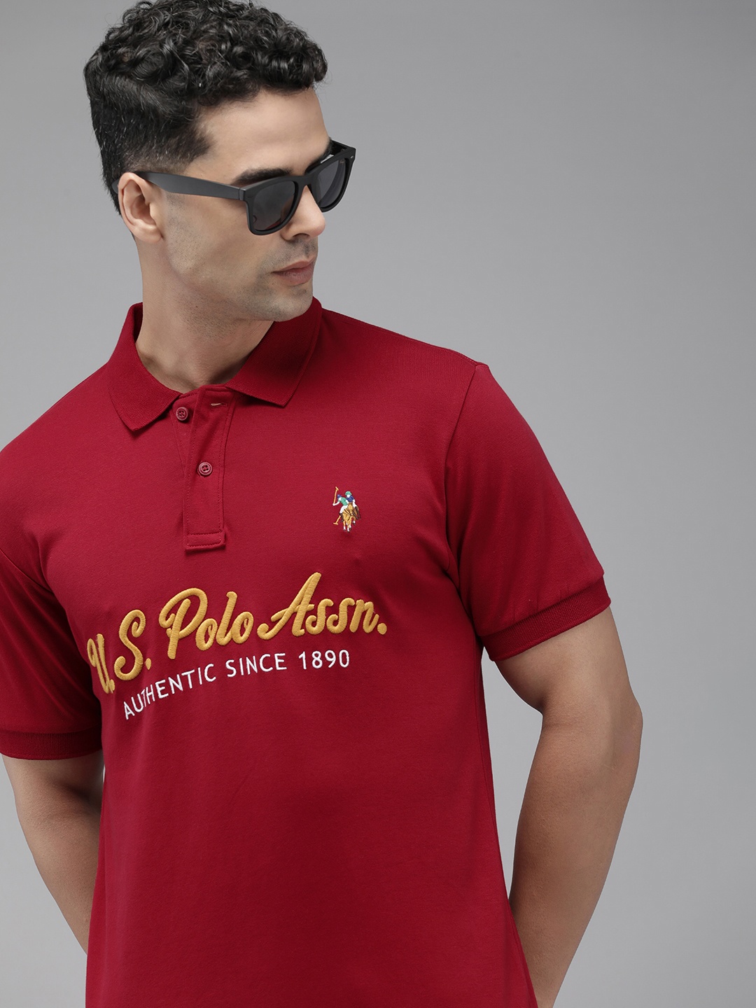 

U.S. Polo Assn. Brand Logo Embroidered Polo Collar Pure Cotton Slim Fit T-shirt, Red