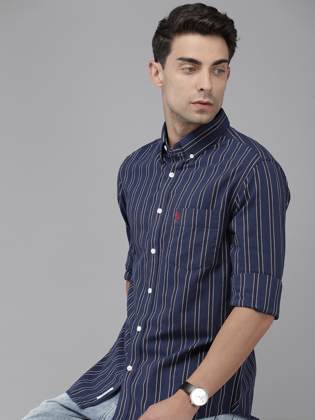 

U.S. Polo Assn. Pure Cotton Tailored Fit Opaque Striped Casual Shirt, Navy blue