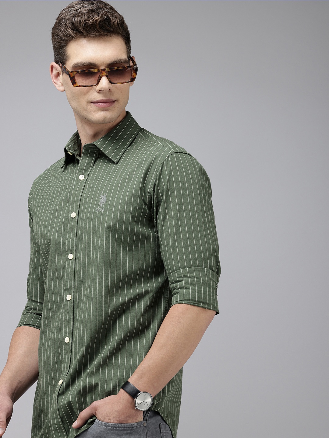 

U.S. Polo Assn. Pure Cotton Tailored Fit Striped Casual Shirt, Olive