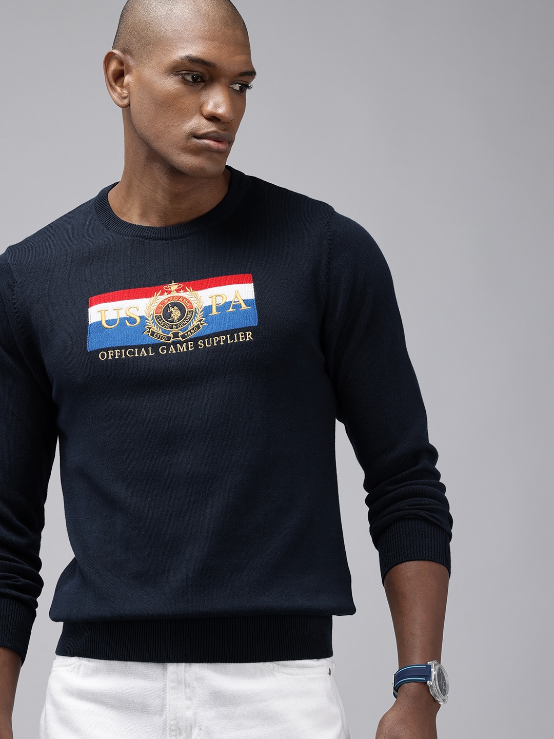 

U.S. Polo Assn. Brand Logo Self Designed Embroidered Round Neck Pure Cotton Pullover, Navy blue