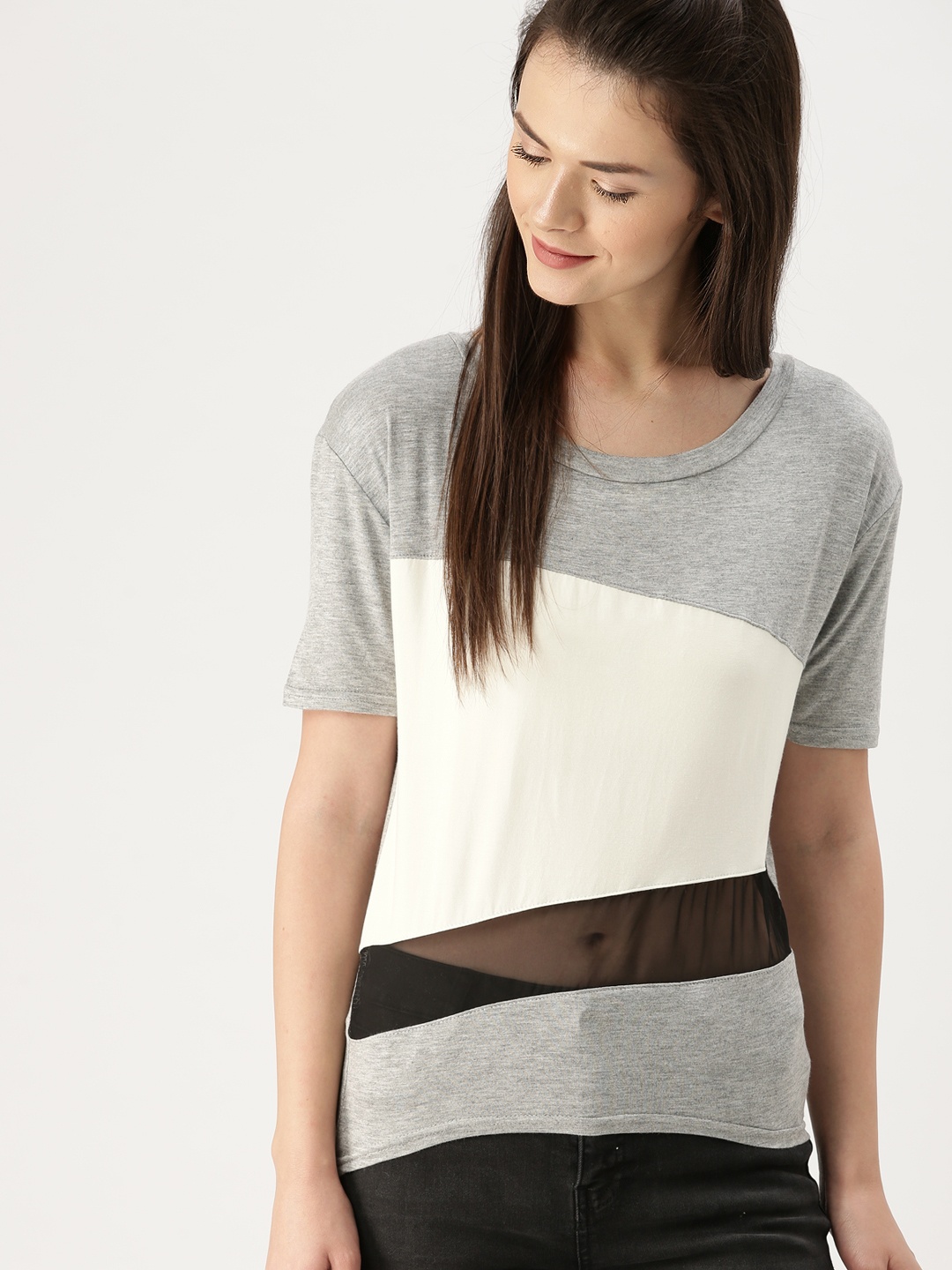 

DressBerry Women Grey & White Colourblocked High-Low Semi Sheer Top