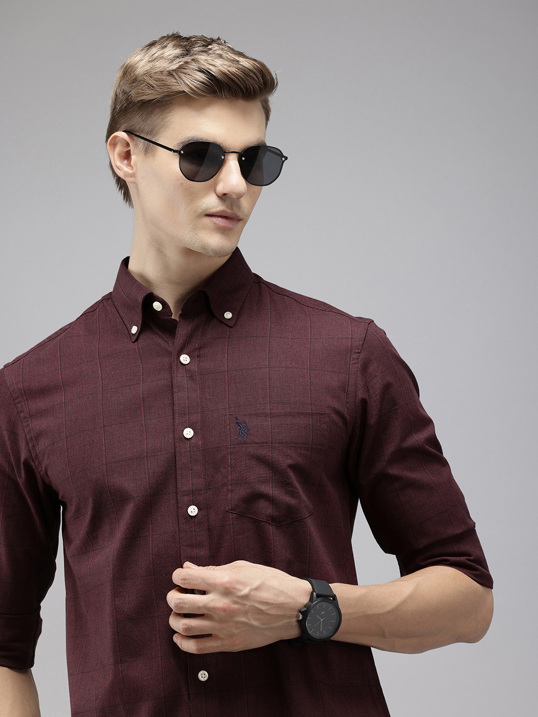 

U.S. Polo Assn. Tailored Fit Checked Pure Cotton Casual Shirt, Maroon