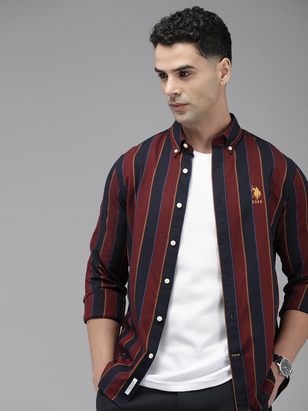 

U.S. Polo Assn. Pure Cotton Tailored Fit Opaque Striped Casual Shirt, Maroon