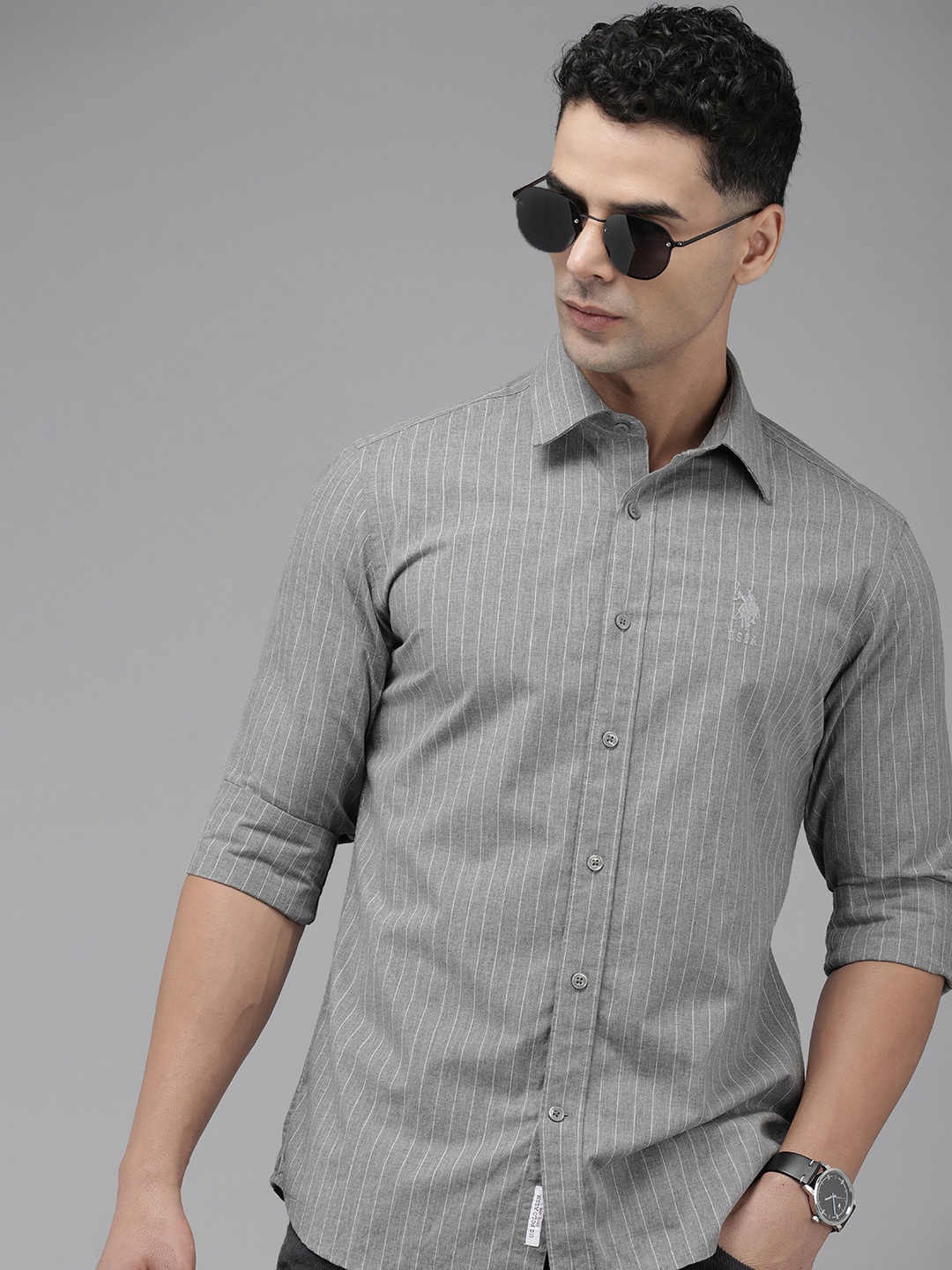 

U.S. Polo Assn. Pure Cotton Tailored Fit Opaque Striped Casual Shirt, Grey