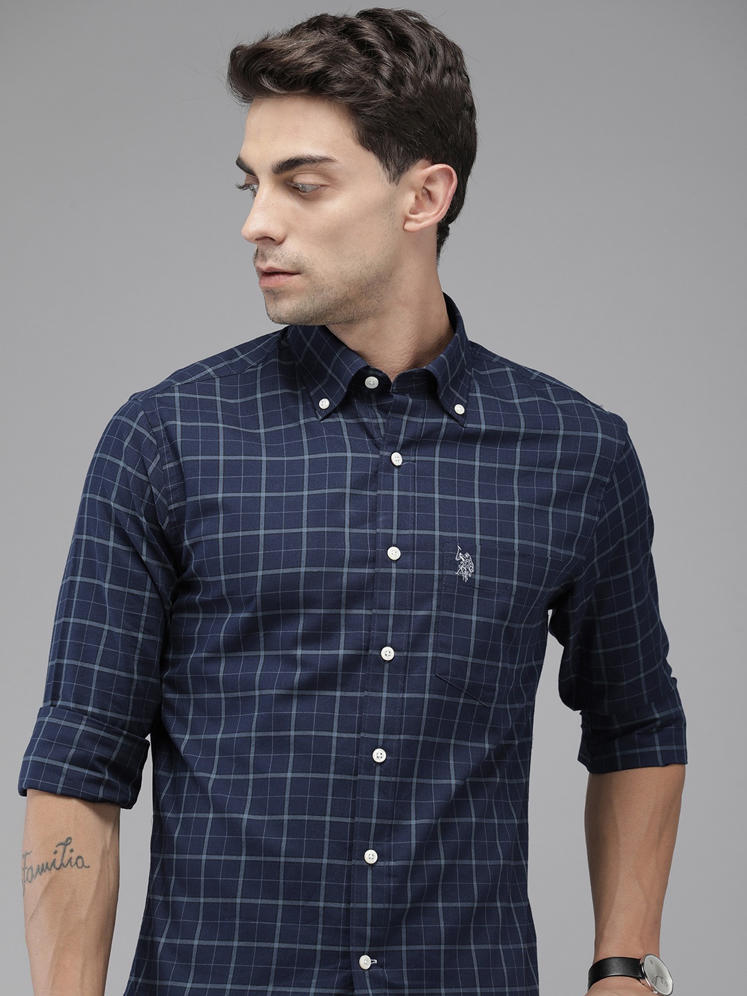 

U.S. Polo Assn. Pure Cotton Tailored Fit Checked Casual Shirt, Blue