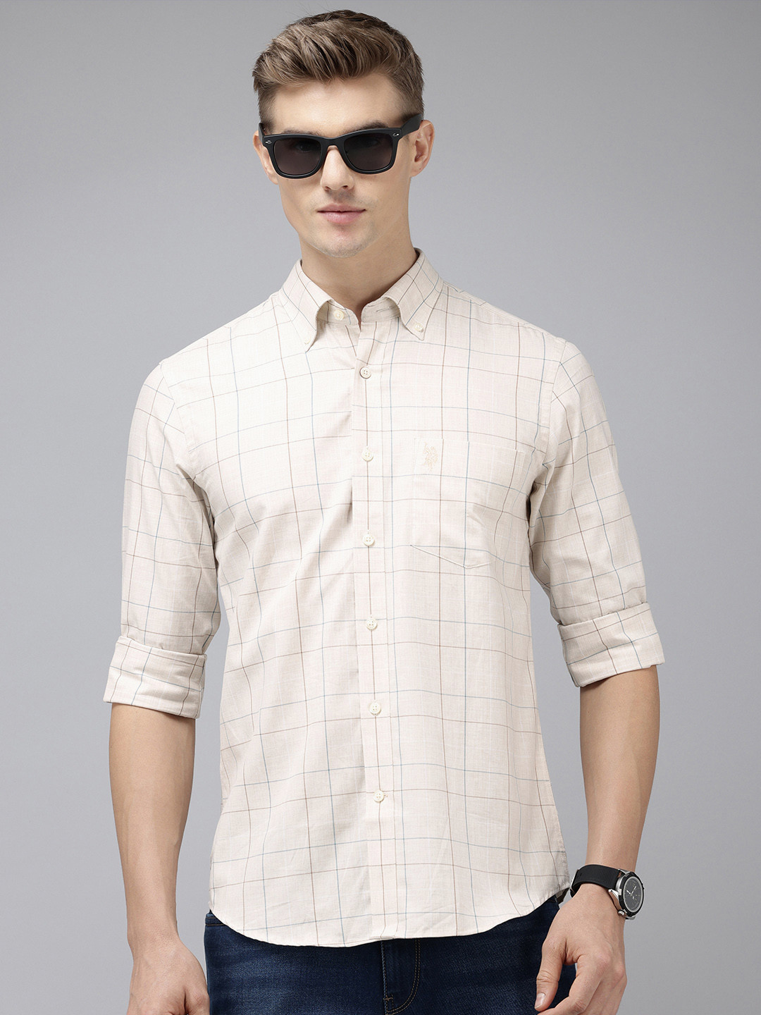 

U.S. Polo Assn. Pure Cotton Tailored Fit Checked Casual Shirt, Beige