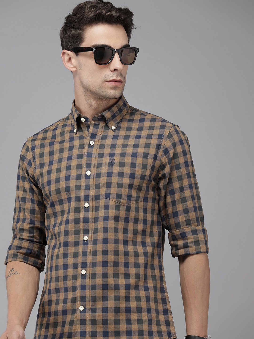 

U.S. Polo Assn. Pure Cotton Tailored Fit Gingham Checks Opaque Casual Shirt, Olive