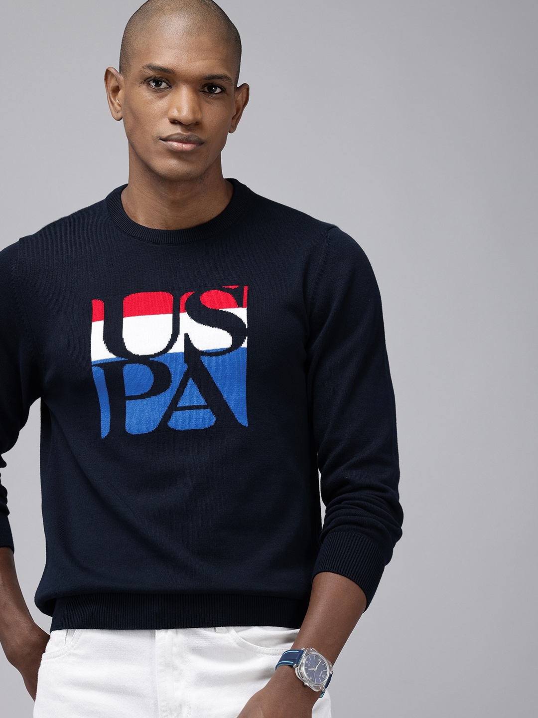 

U.S. Polo Assn. Brand Logo Self Designed Pure Cotton Pullover, Navy blue