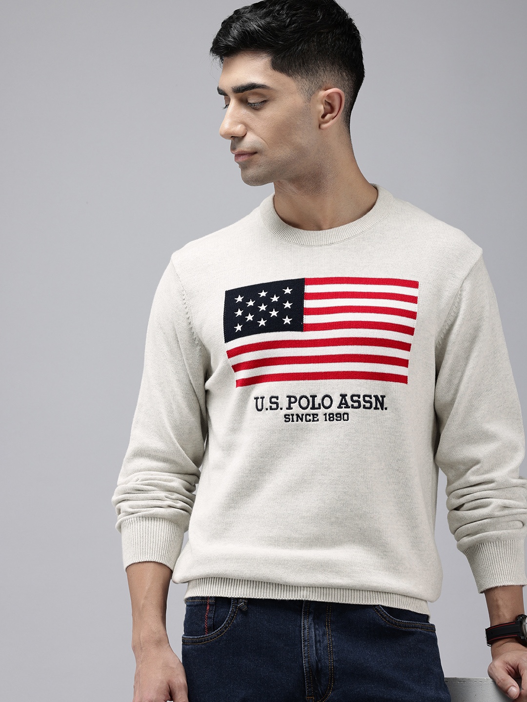 

U.S. Polo Assn. Brand Logo Self Designed Pure Cotton Pullover, Grey