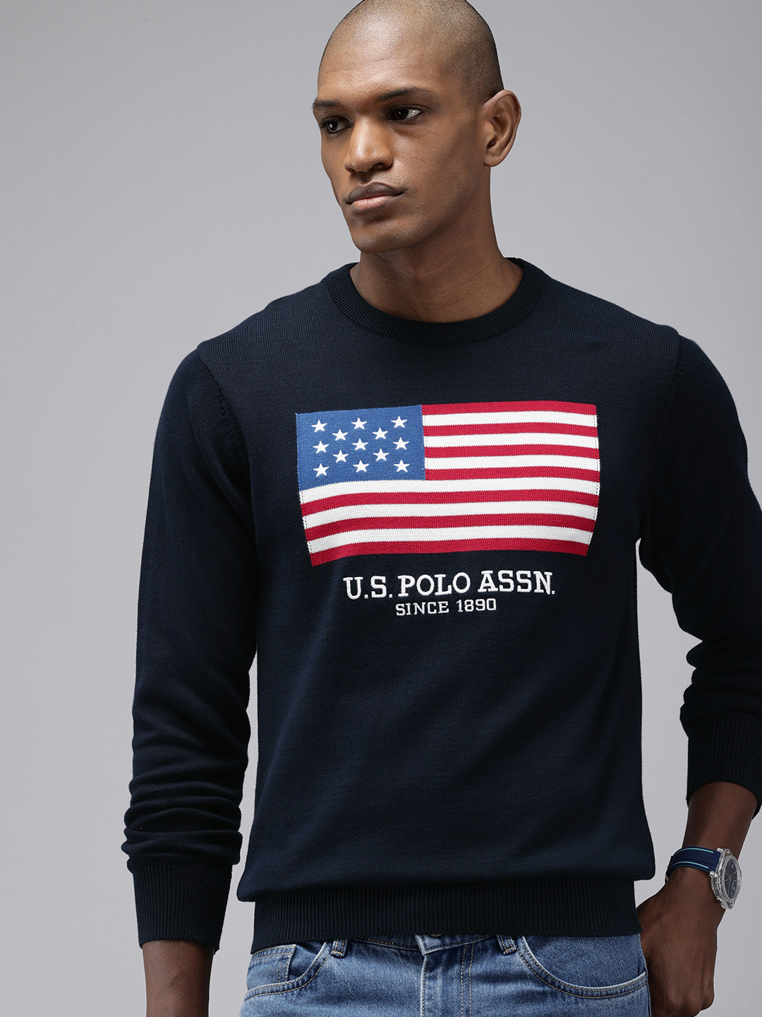 

U.S. Polo Assn. Brand Logo Self Designed Pure Cotton Pullover, Navy blue