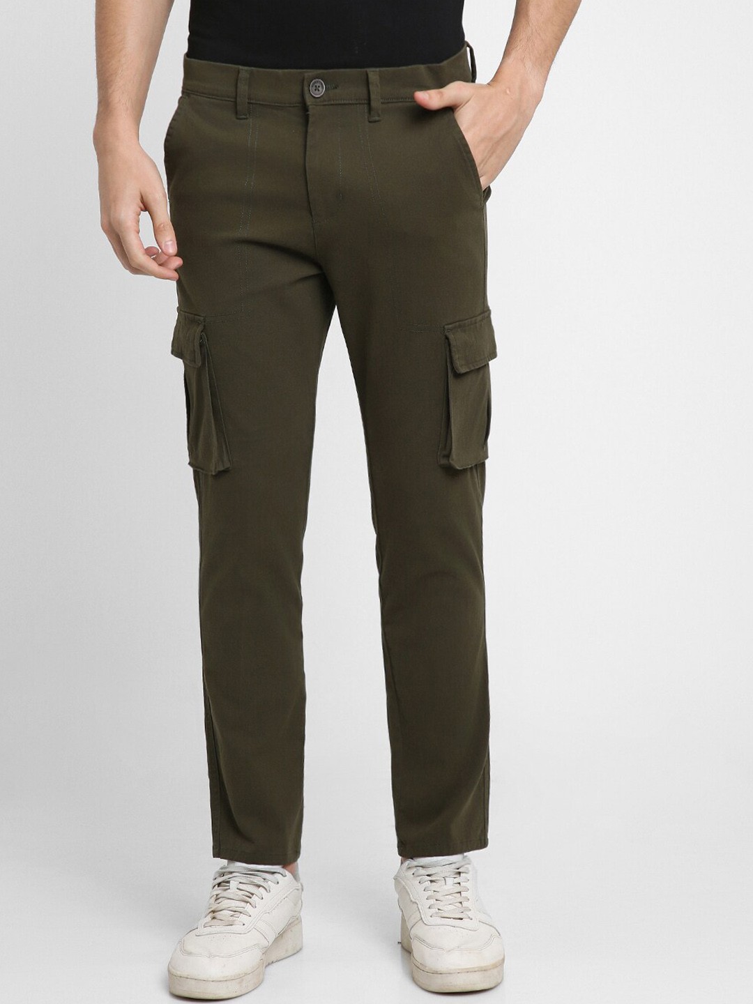 

Dennis Lingo Men Slim Fit Mid-Rise Plain Cargos, Olive