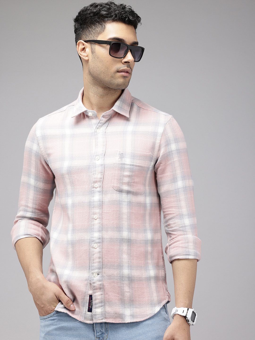 

U.S. Polo Assn. Denim Co. Pure Cotton Slim Fit Opaque Checked Casual Shirt, Pink