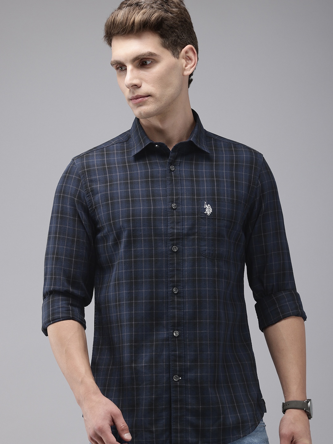 

U.S. Polo Assn. Denim Co. Pure Cotton Slim Fit Opaque Checked Casual Shirt, Navy blue
