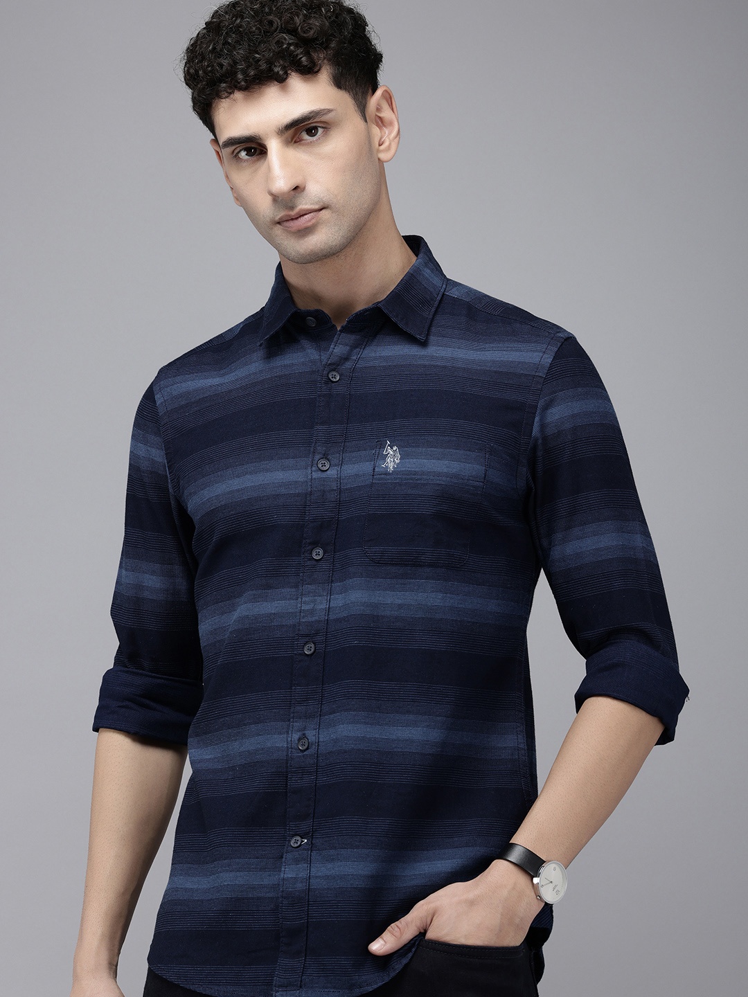 

U.S. Polo Assn. Denim Co. Pure Cotton Slim Fit Horizontal Striped Casual Shirt, Navy blue