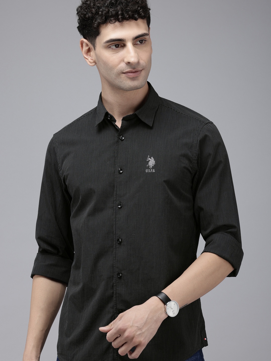 

U.S. Polo Assn. Denim Co. Pure Cotton Slim Fit Opaque Striped Casual Shirt, Black