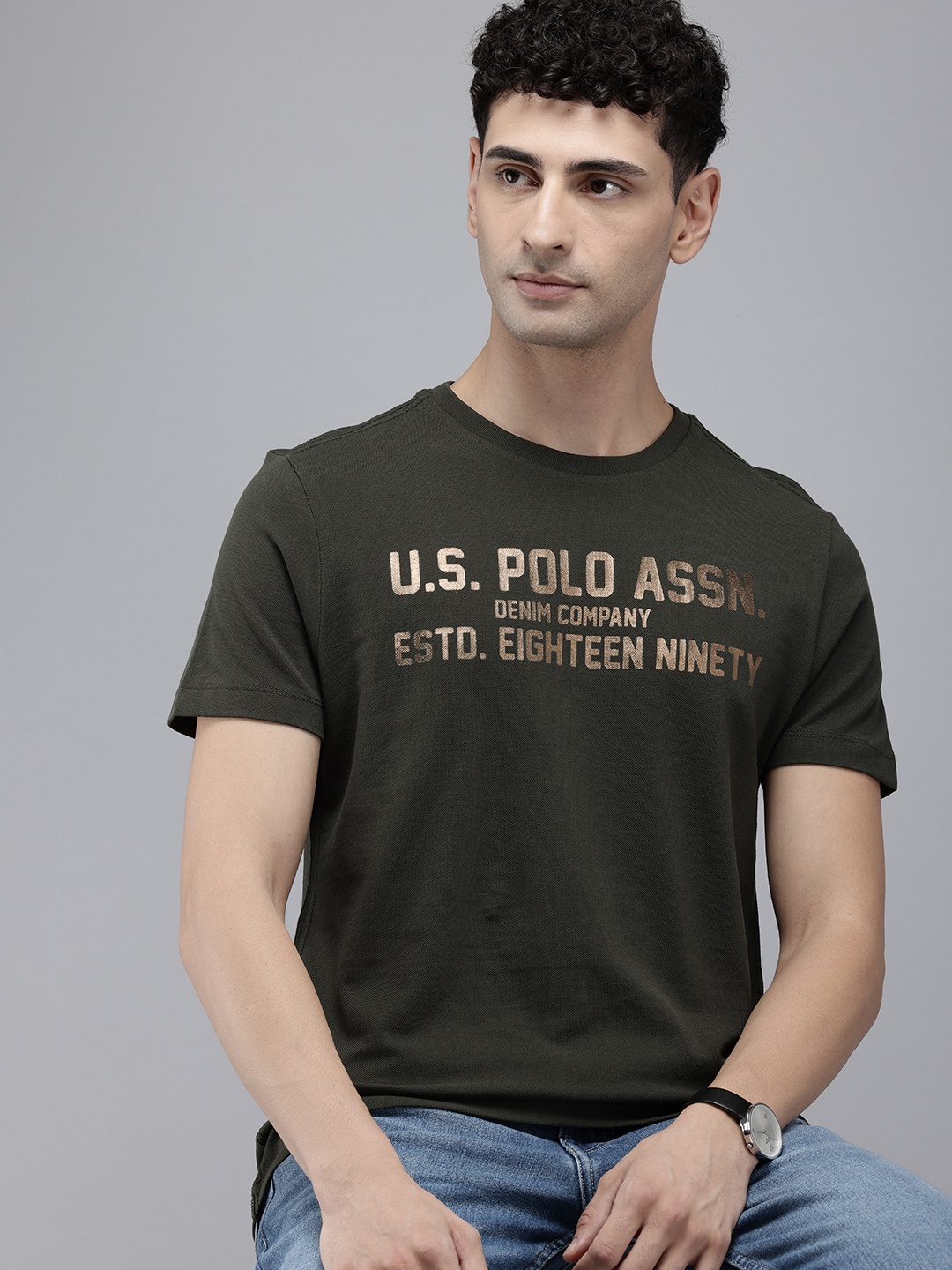 

U.S. Polo Assn. Denim Co. Brand Logo Printed Pure Cotton T-shirt, Olive