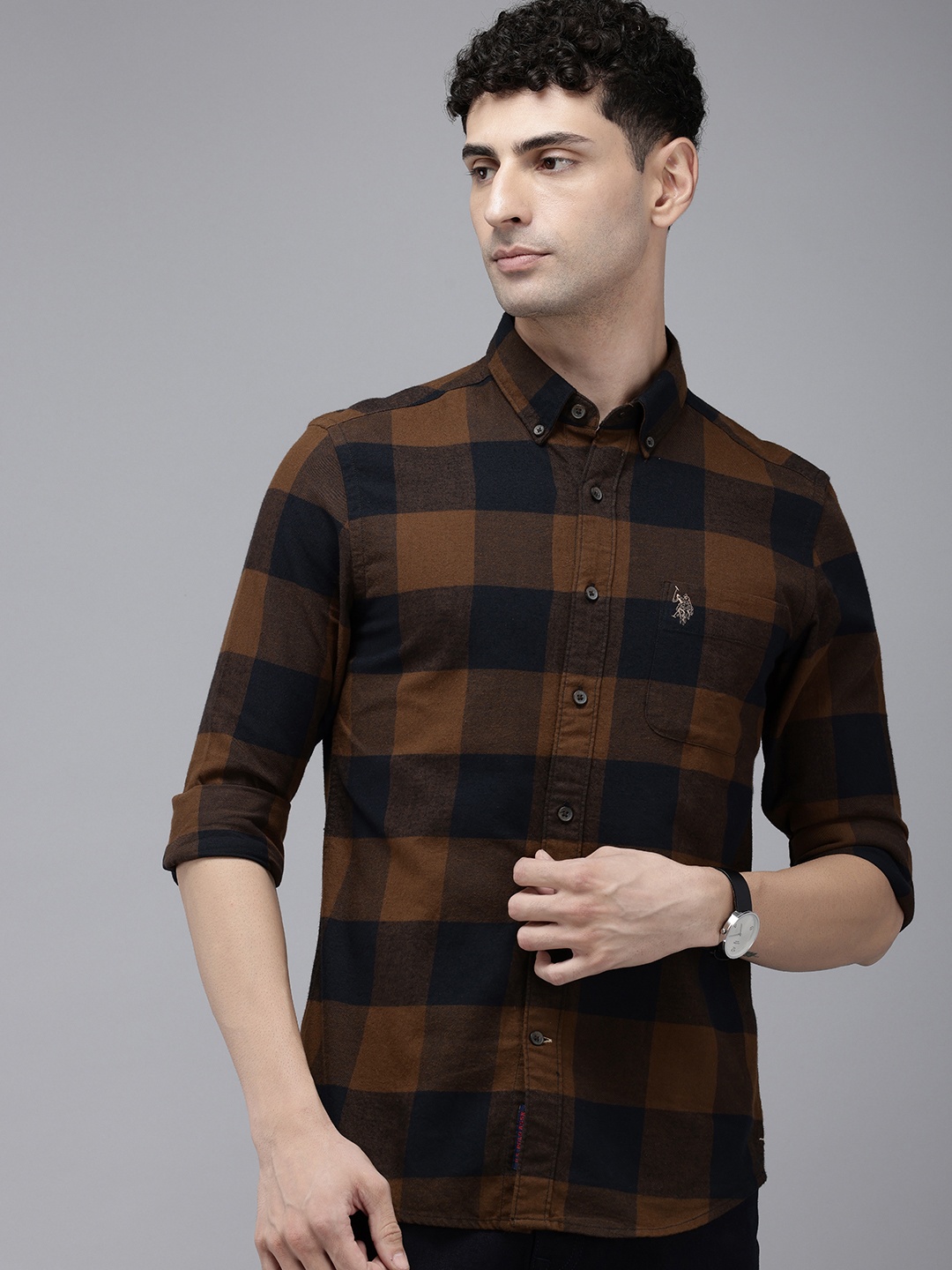 

U.S. Polo Assn. Denim Co. Pure Cotton Slim Fit Buffalo Checked Casual Shirt, Brown