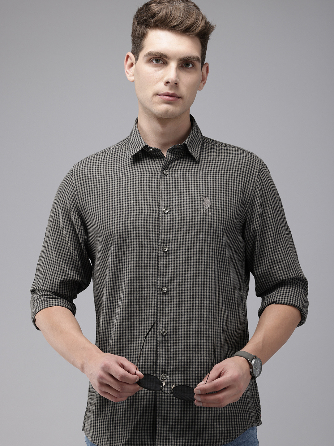 

U.S. Polo Assn. Denim Co. Pure Cotton Slim Fit Micro Checked Casual Shirt, Black