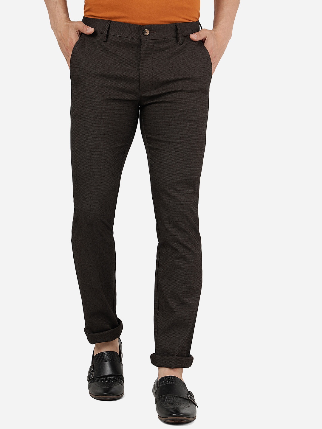

Greenfibre Men Self Designed Plain Slim Fit Cotton Trousers, Brown