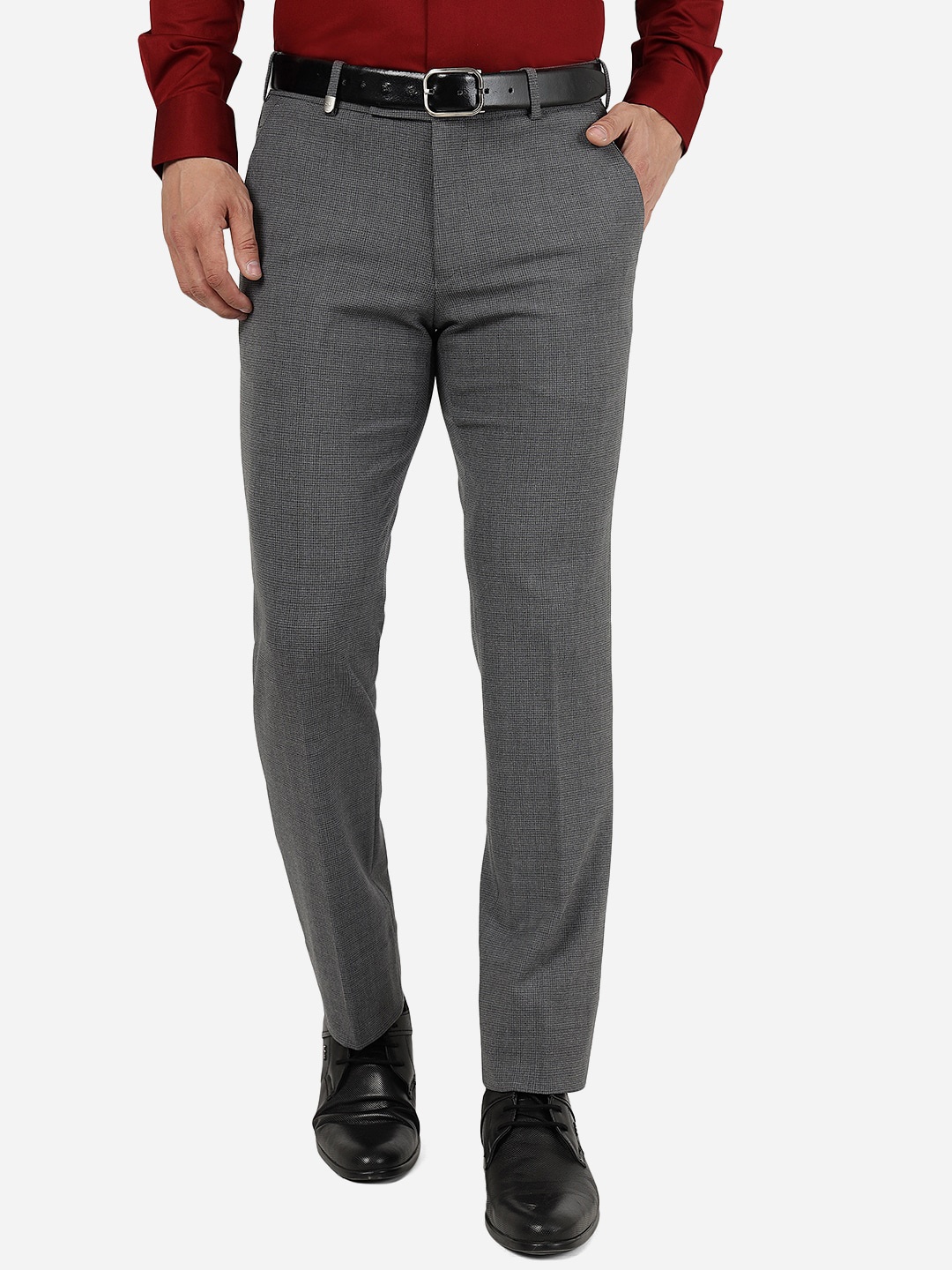 

JB STUDIO Men Checked Mid-Rise Plain Slim Fit Cotton Trousers, Grey