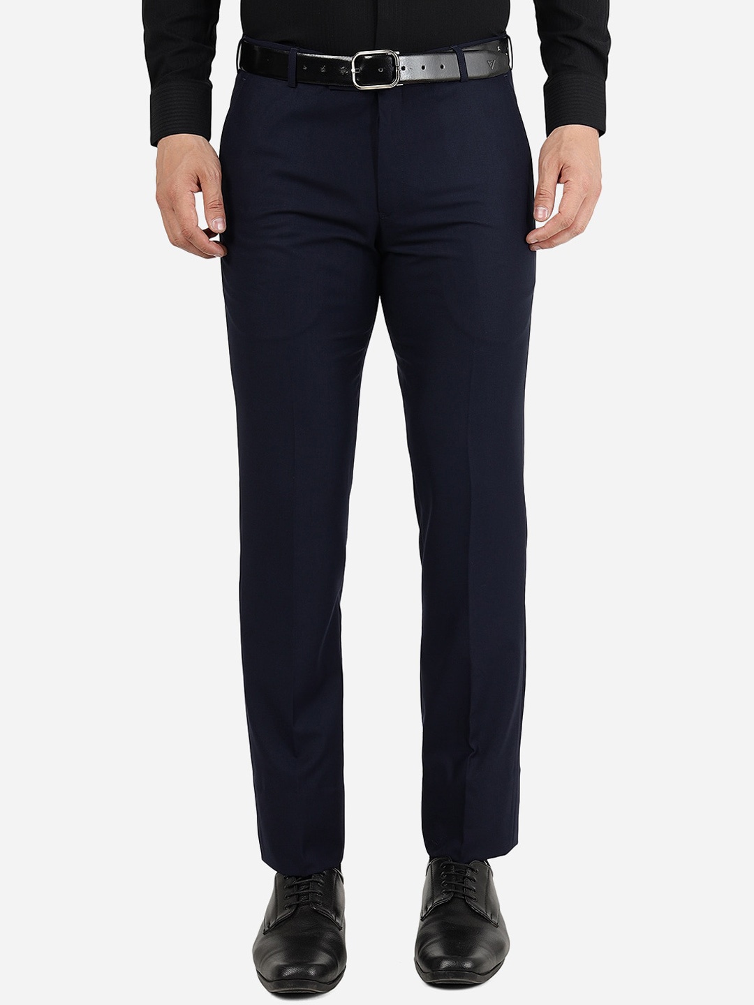 

METAL Men Slim Fit Cotton Plain Formal Trousers, Navy blue