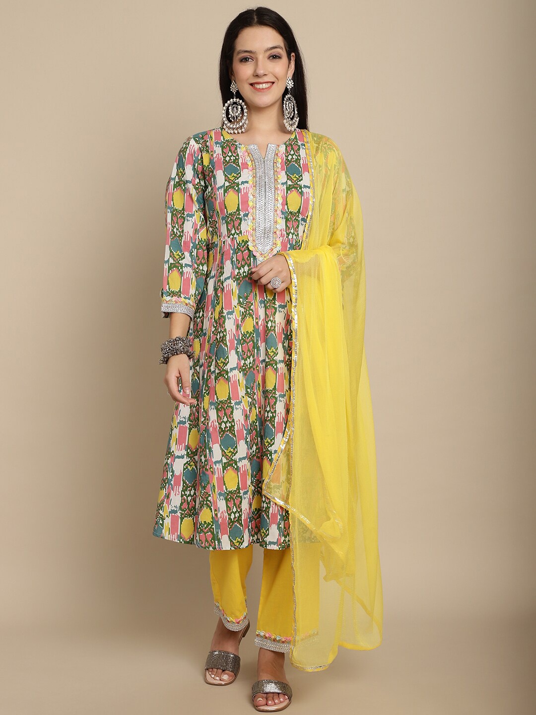 

Assamica Ethnic Printed Lace Detail Gotta Patti Pure Cotton Kurta With Palazzos & Dupatta, Yellow