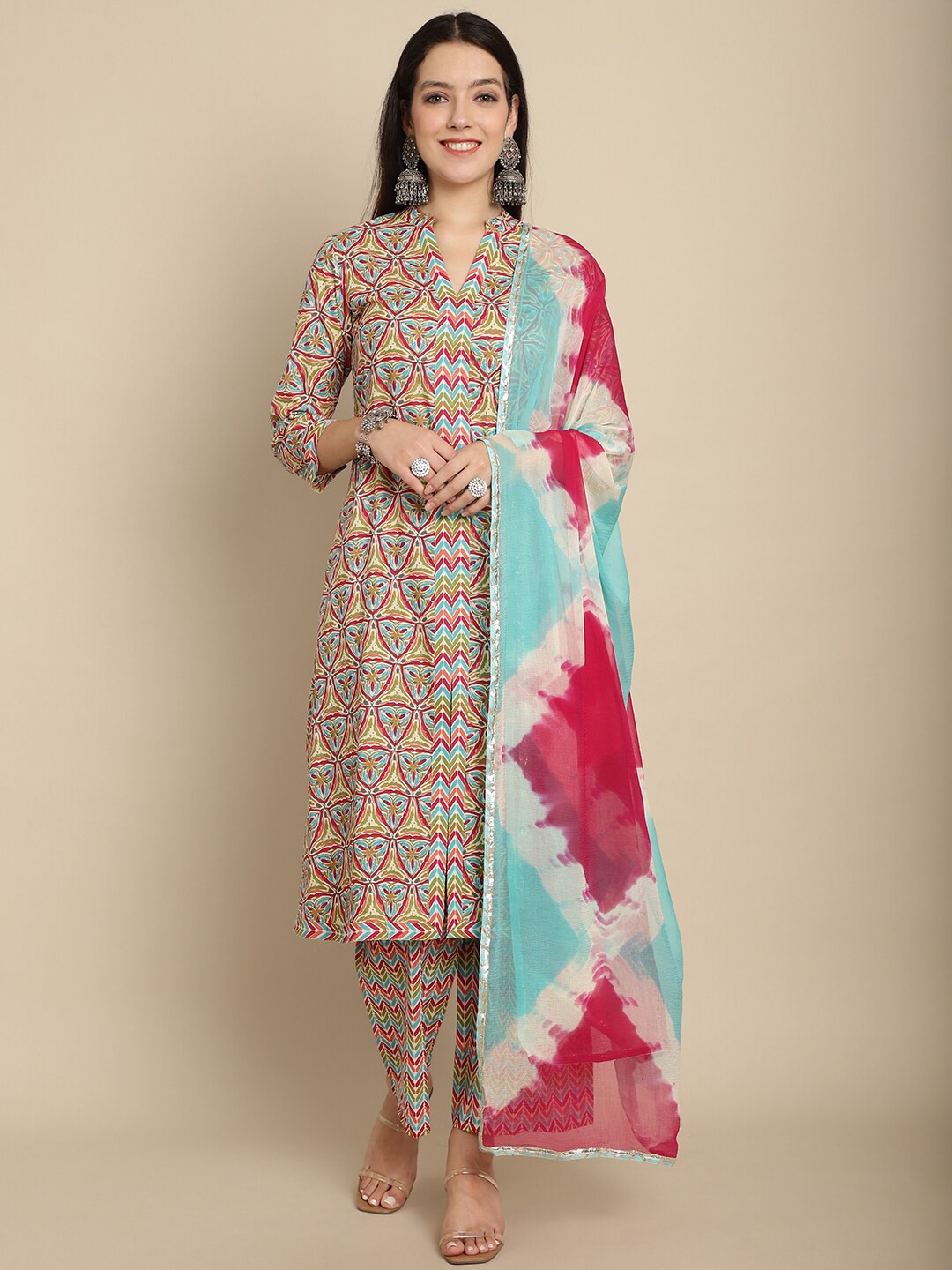 

Assamica Ethnic Motifs Printed A-Line Kurta With Palazzos & Dupatta, Blue