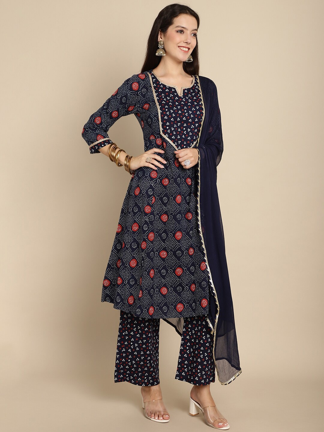 

Assamica Bandhani Printed Gotta Patti Pure Cotton A-Line Kurta With Palazzos & Dupatta, Navy blue
