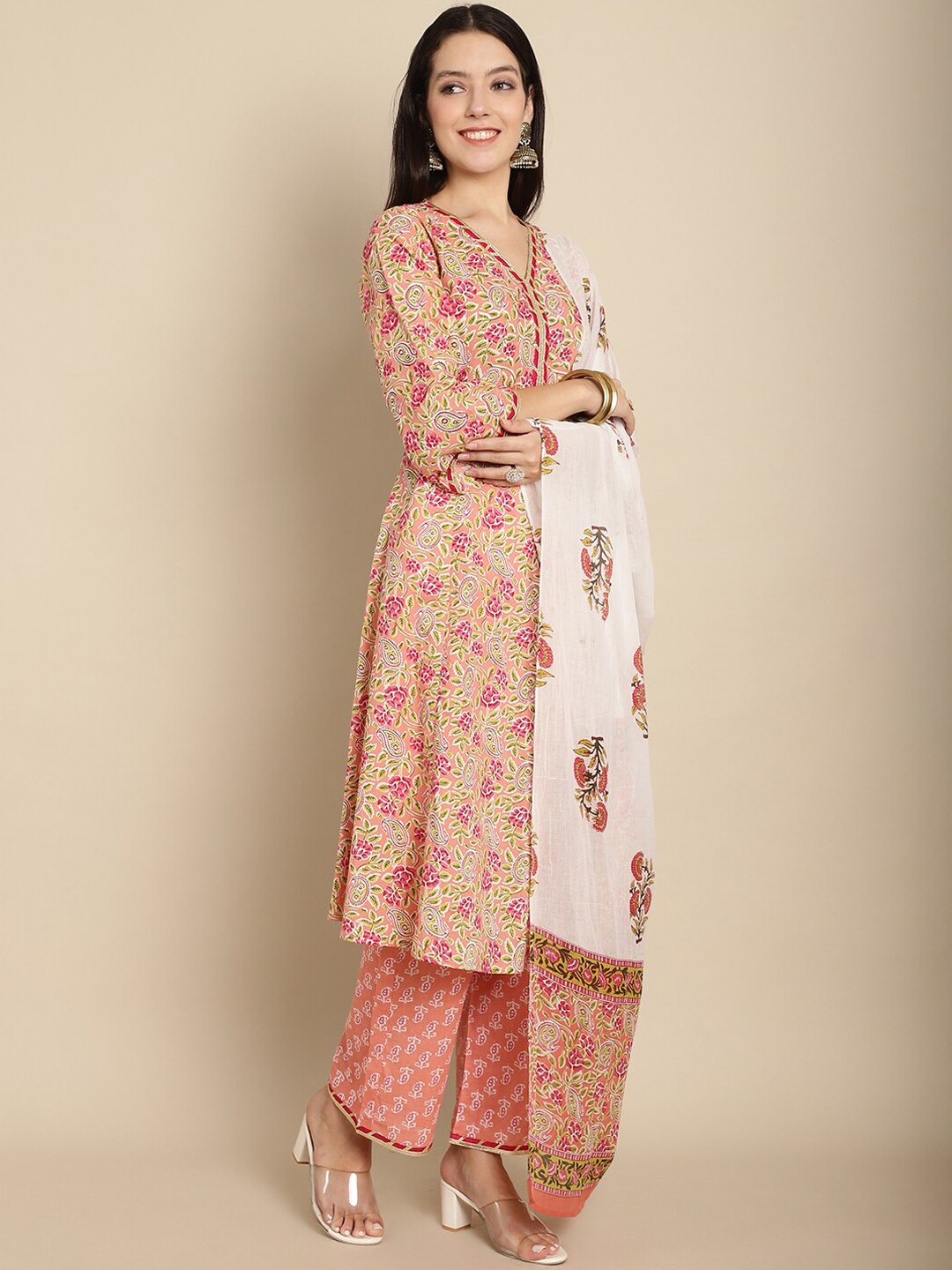 

Assamica Floral Printed A-Line Gotta Patti Pure Cotton Kurta With Palazzos & Dupatta, Peach