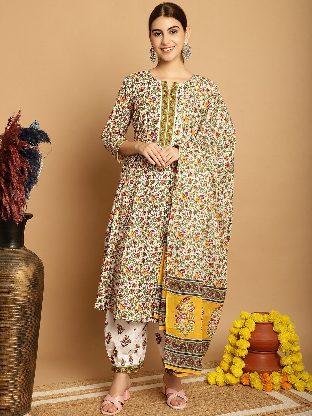 

Assamica Floral Printed Pure Cotton A-Line Kurta With Salwar & Dupatta, Mustard