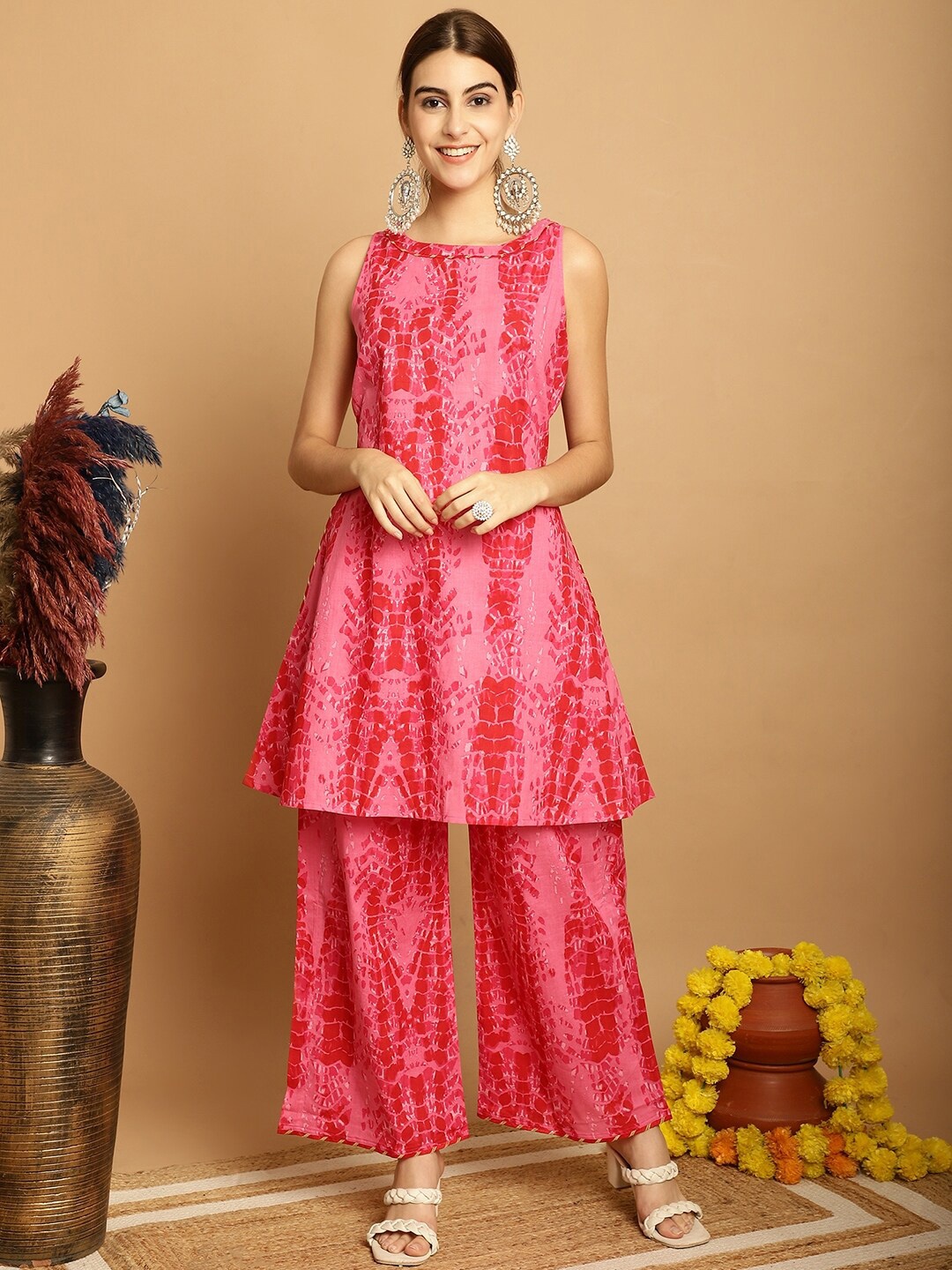 

Assamica Abstract Printed Pure Cotton A-Line Kurta With Palazzos, Pink