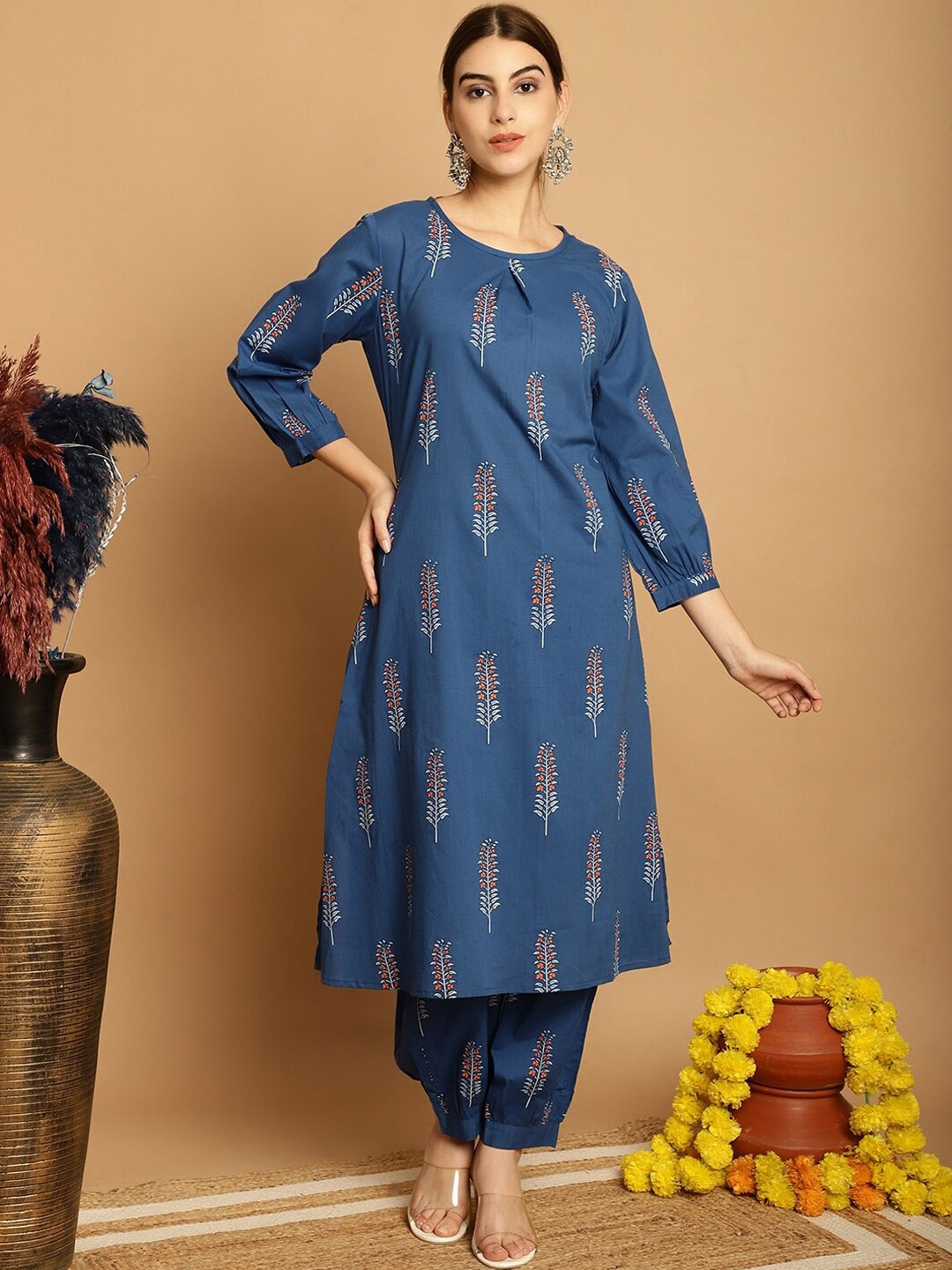 

Assamica Floral Printed Pure Cotton A-Line Kurta With Salwar, Blue