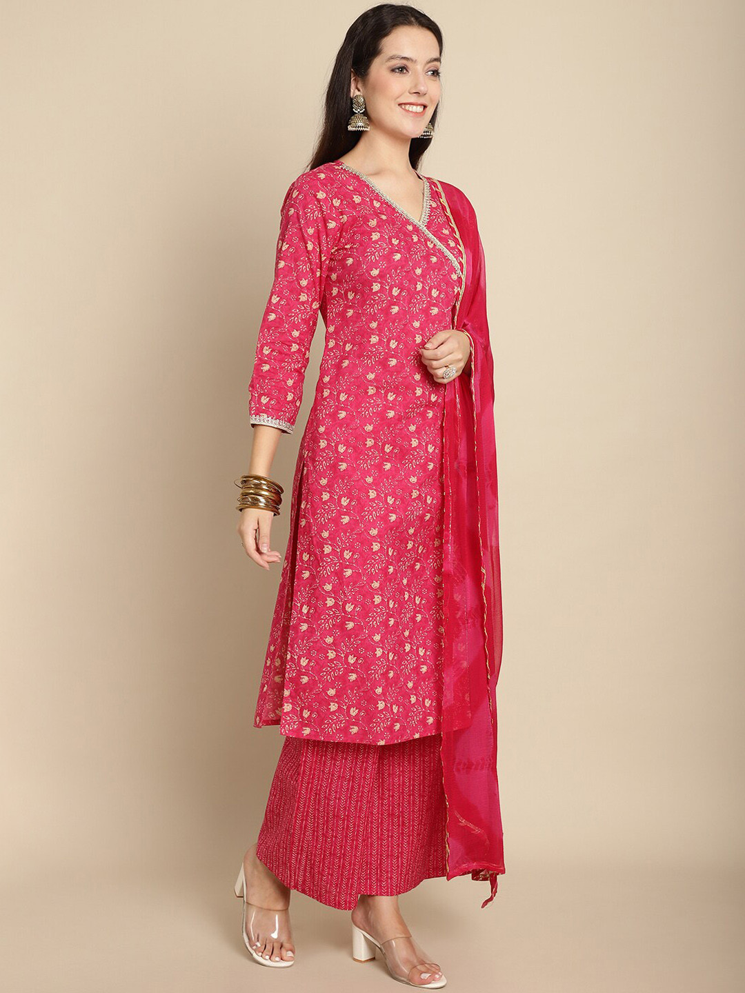 

Assamica Floral Printed Angrakha Gotta Patti Pure Cotton Kurta With Palazzos & Dupatta, Magenta