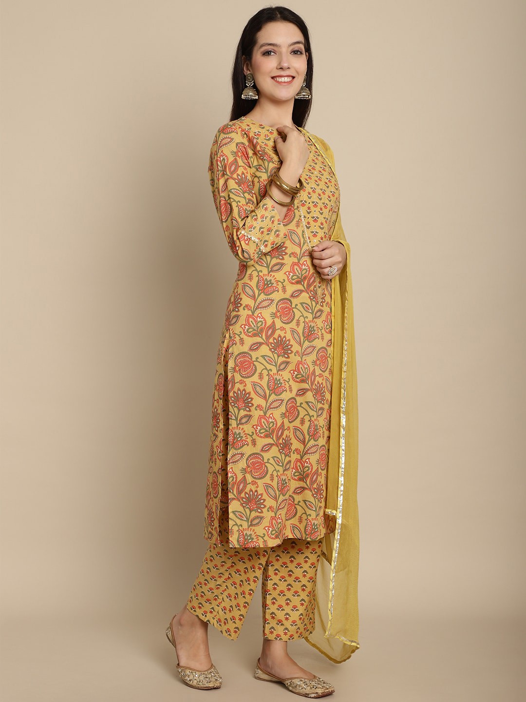 

Assamica Floral Printed Pure Cotton Kurta With Palazzos & Dupatta, Mustard