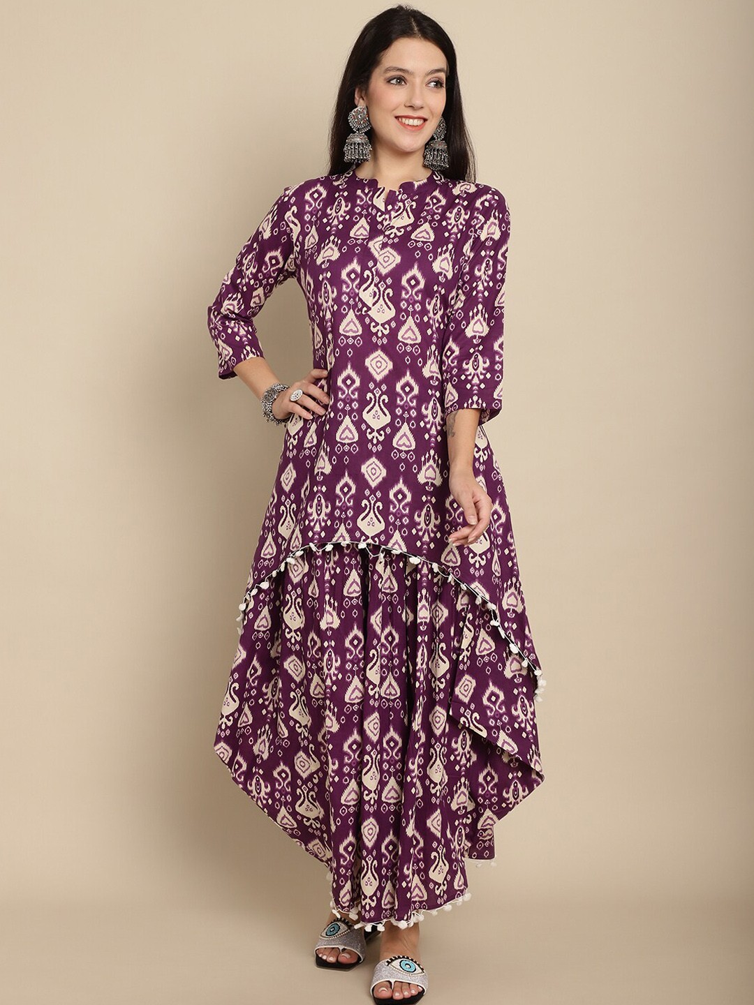 

Assamica Ethnic Motifs Printed Pure Cotton A-Line Kurta With Dhoti Pants, Purple