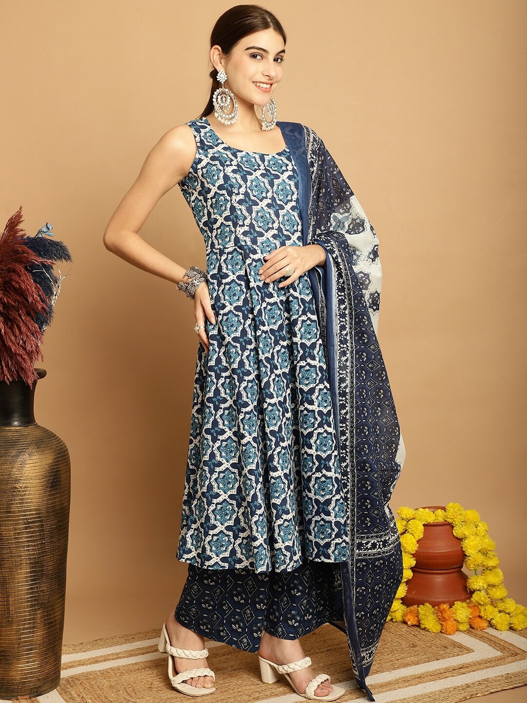 

Assamica Ethnic Motifs Printed Pure Cotton A-Line Kurta With Palazzos & Dupatta, Navy blue