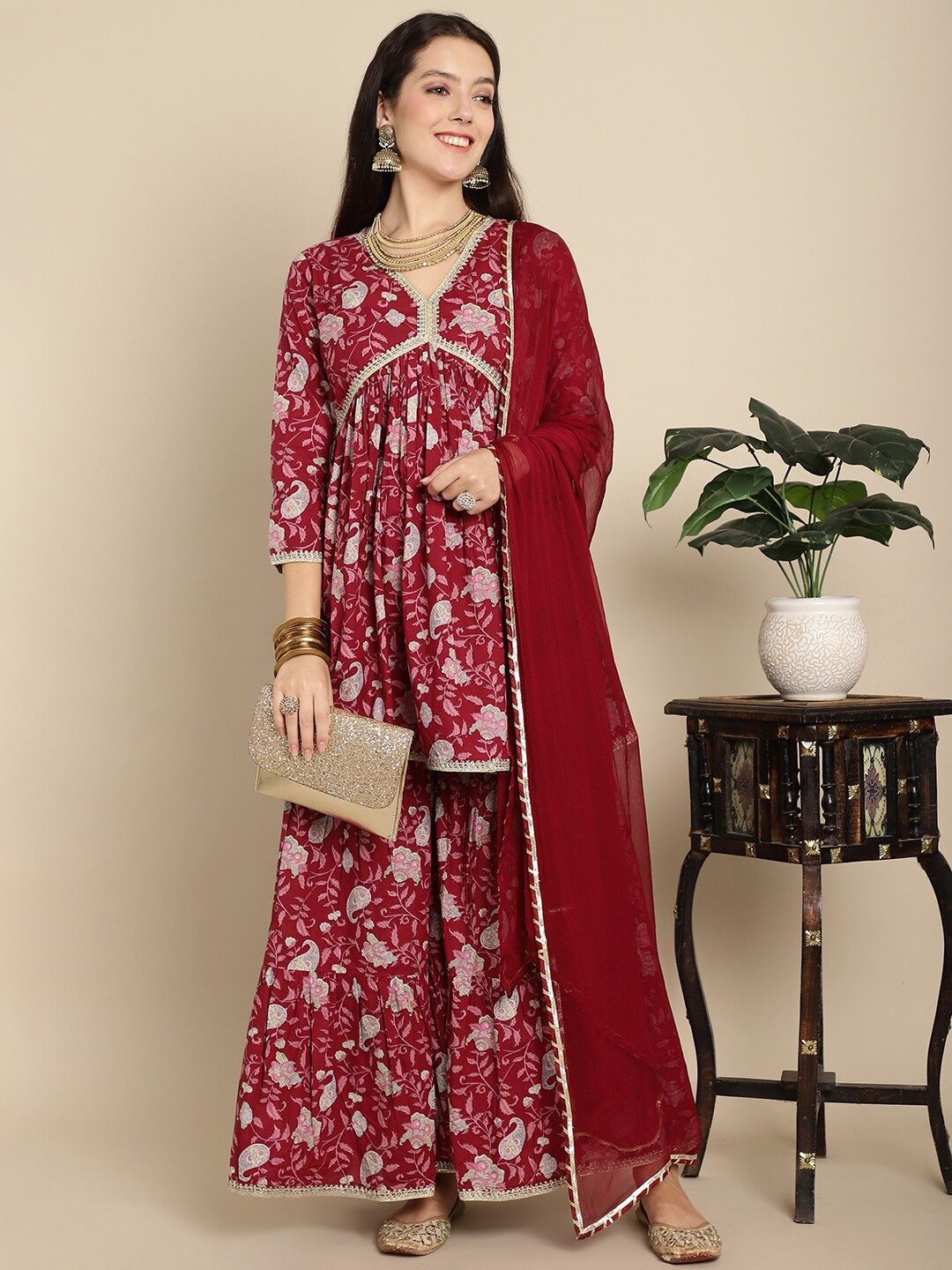 

Assamica Floral Printed V-Neck Gotta Patti Pure Cotton Kurta With Sharara & Dupatta, Burgundy