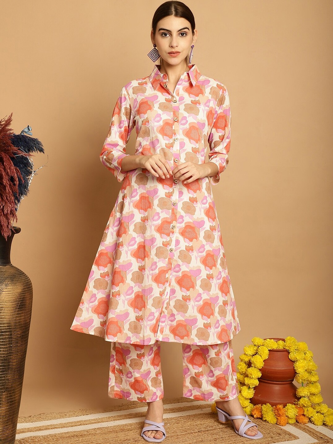 

Assamica Floral Printed Shirt Collar Pure Cotton A-Line Kurta With Palazzos, Cream