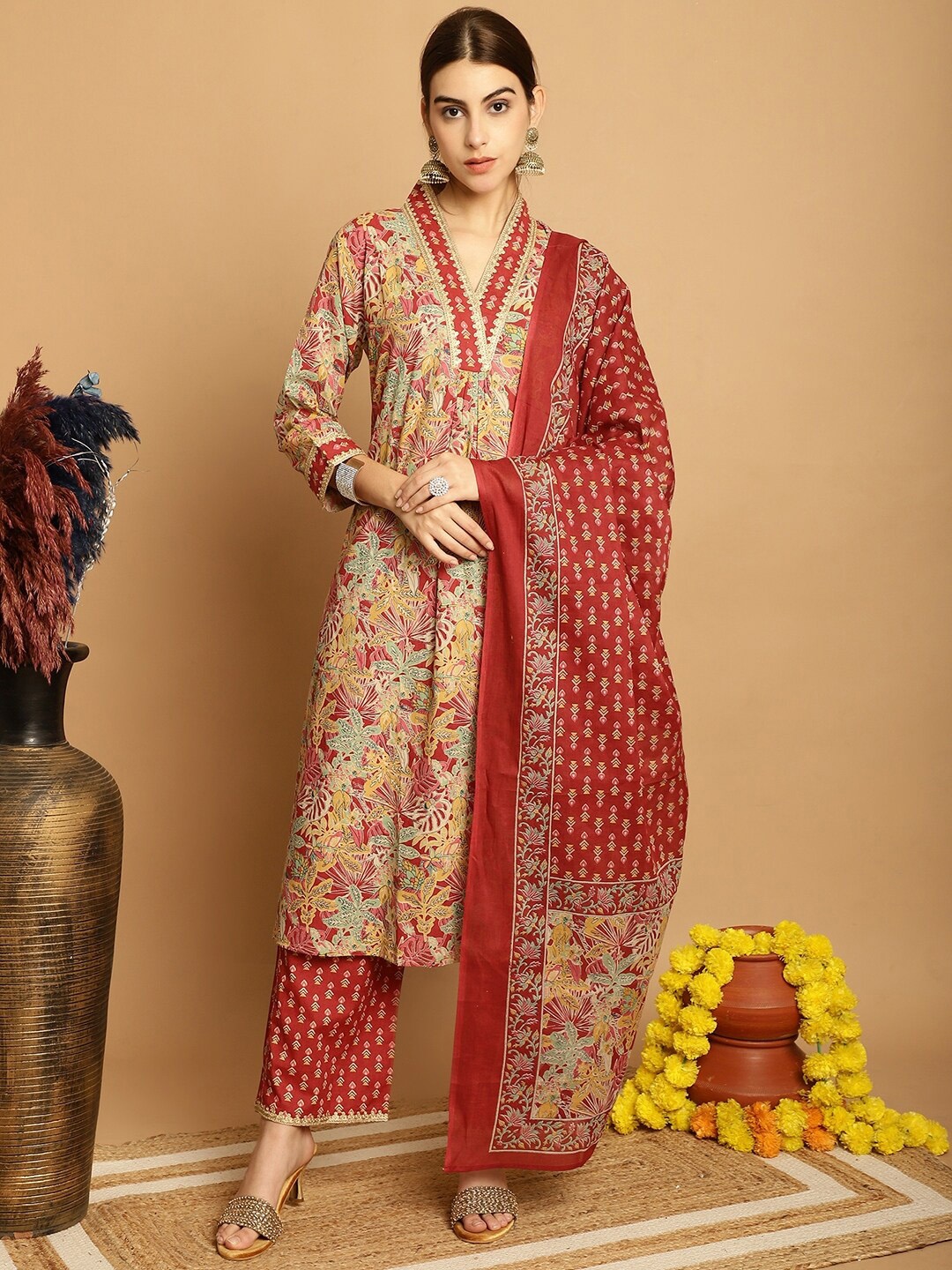 

Assamica Ethnic Printed A-Line Gotta Patti Pure Cotton Kurta With Palazzos & Dupatta, Coral