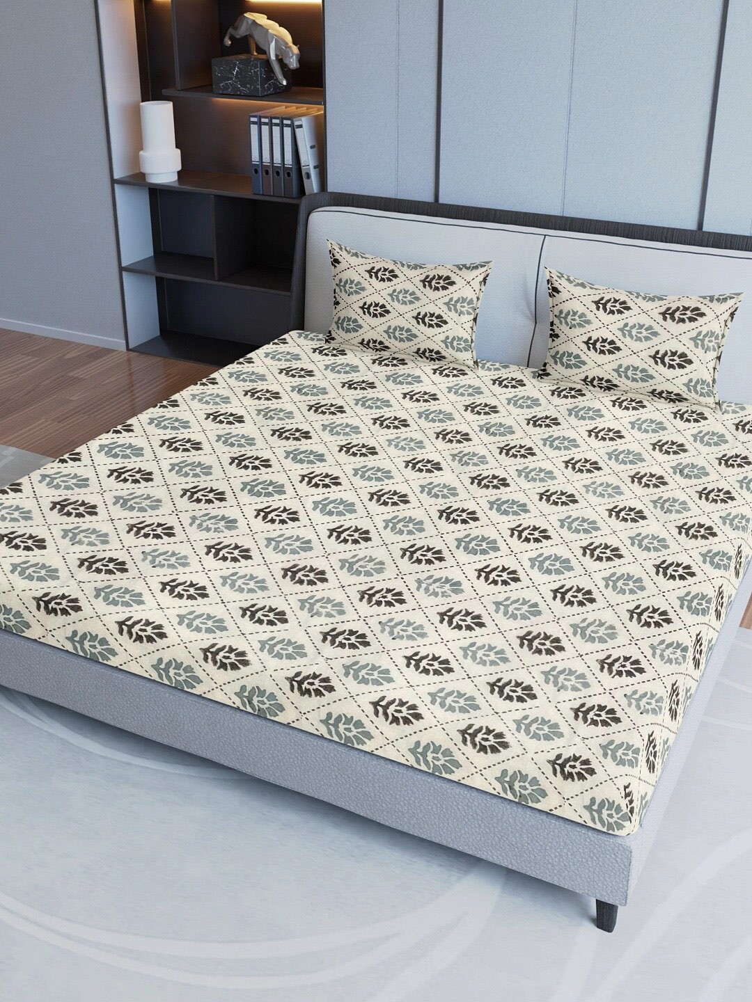 

Sangria Grey Printed Pure Cotton 200 TC Fitted King Bedsheet With 2 Pillow Covers