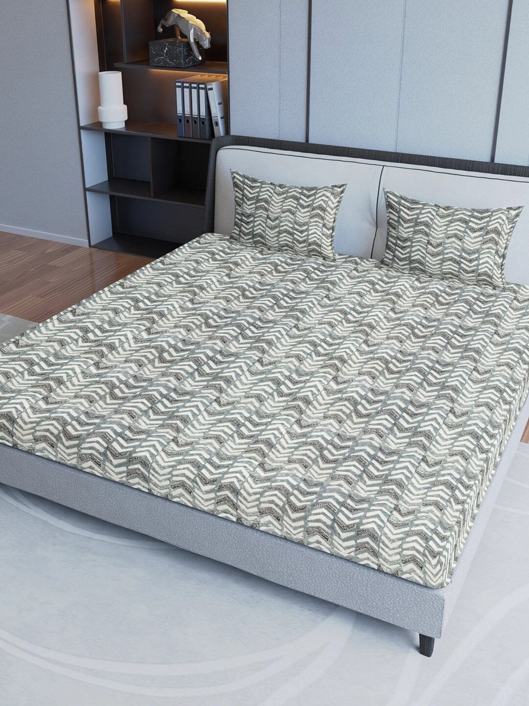 

Sangria Grey Printed Pure Cotton 200 TC Fitted King Bedsheet With 2 Pillow Covers