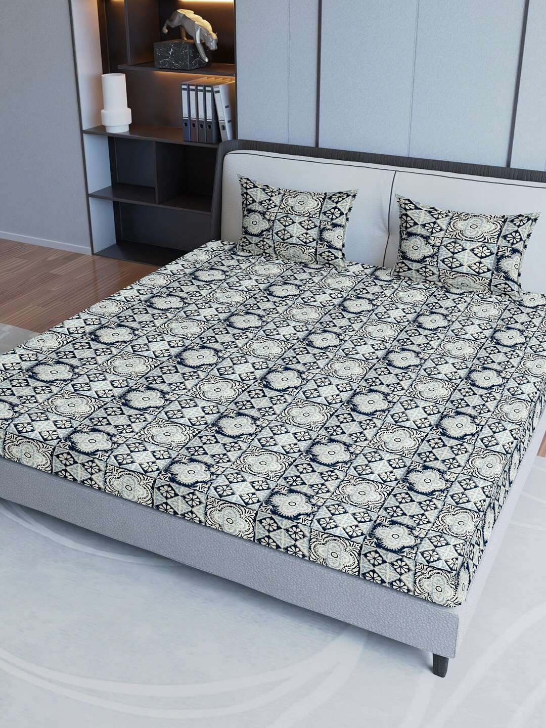 

Sangria Blue Printed Cotton 200 GSM Fitted Queen Bedsheet With 2 Pillow Covers